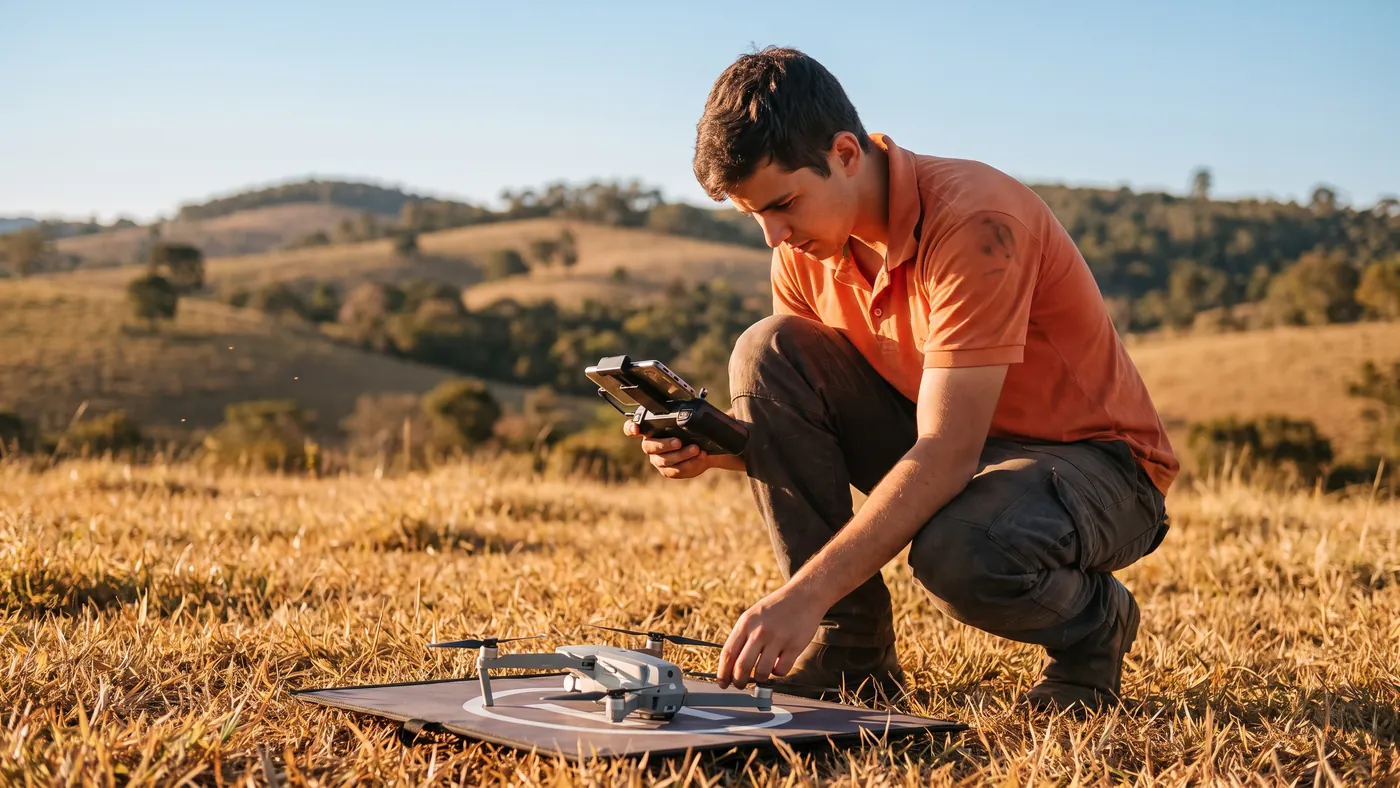 Piloto agachado em um campo faz a checagem antes do voo com o drone cadastrado na ANAC e o controle em mãos